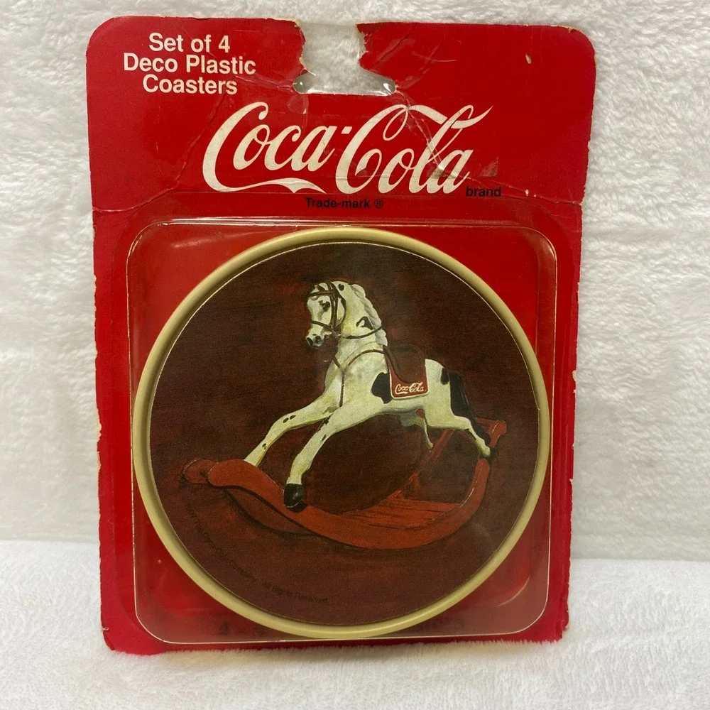 Coca Cola Plastic Coasters‎ Set 4 Rocking Horse Vintage Made in USA